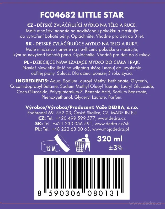 DEDRA Dětské šetrné mýdlo na tělo a ruce LITTLE STAR 320 ml