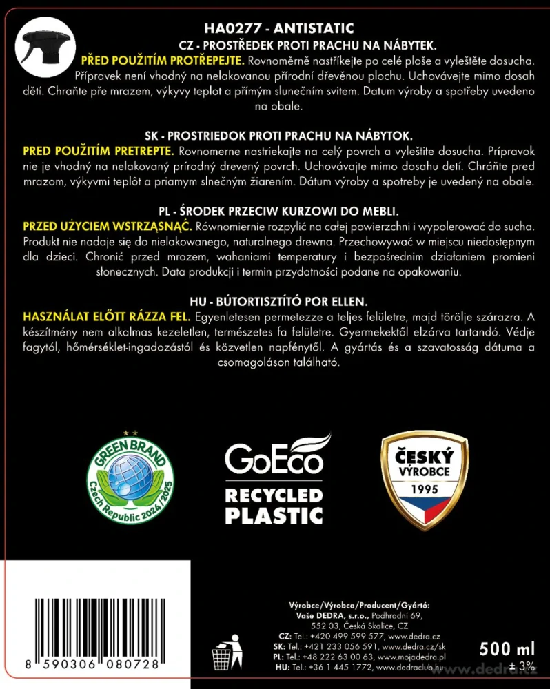 DEDRA ANTISTATIC Ekologický čistič na nábytek s antistatickým účinkem 2v1, 500ml