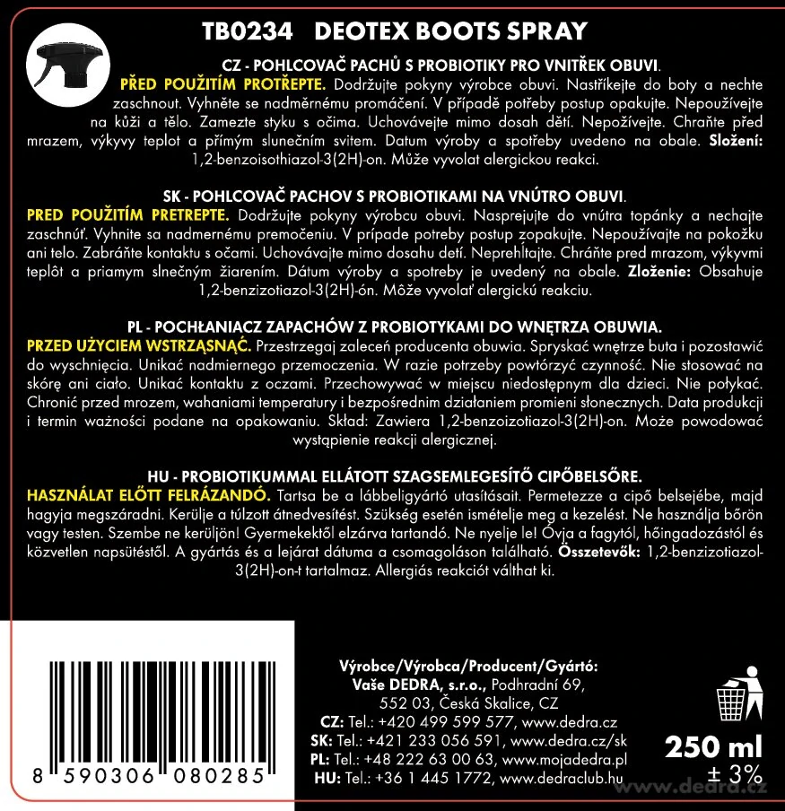 DEDRA DEOTEX® BOOTS Probiotický sprej na obuv proti zápachu 250 ml