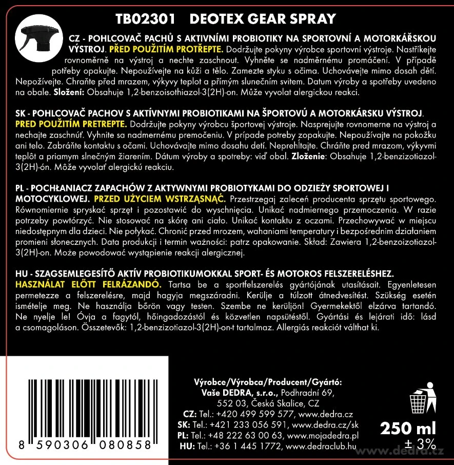 DEDRA DEOTEX® GEAR Probiotický sprej na sportovní & motorkářskou výstroj proti zápachu 250 ml