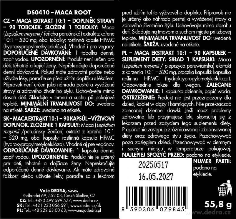 DEDRA MACA ROOT EXTRACT 10:1, 520 mg 90 kapslí