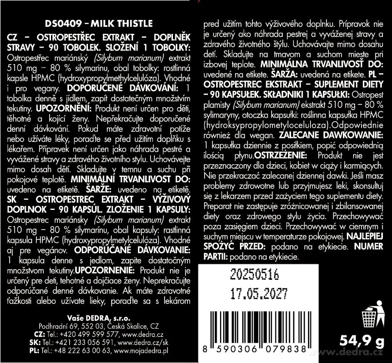 DEDRA OSTROPESTŘEC MARIÁNSKÝ 510 mg | 80 % silymarinu, 90 kapslí
