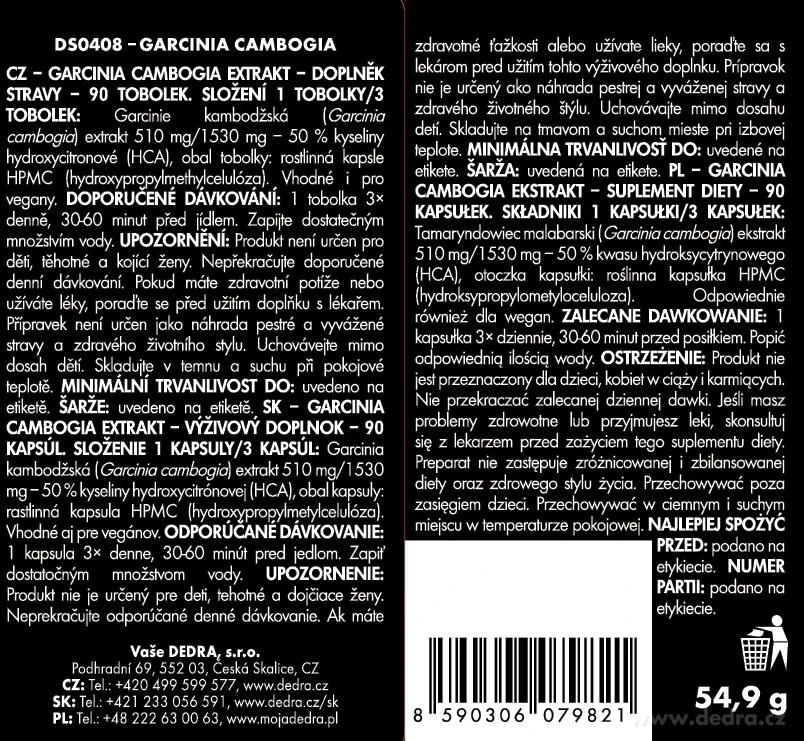 DEDRA GARCINIA CAMBOGIA 510 mg 50 % HCA, 90 kapslí