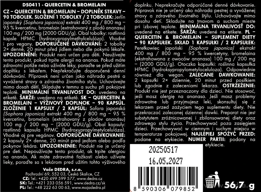 DEDRA QUERCETIN + BROMELAIN 500 mg , 90 kasplí