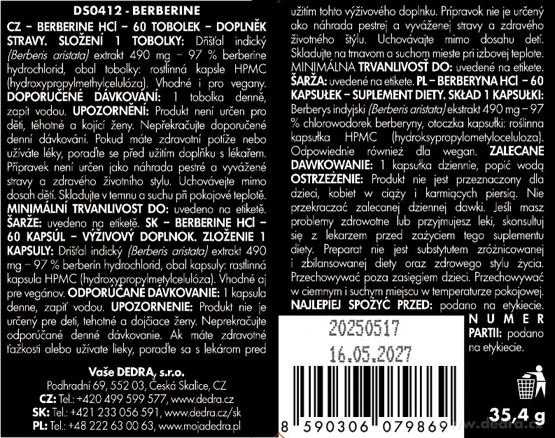 DEDRA BERBERINE 490 mg, 97 % HCl, 60 kapslí