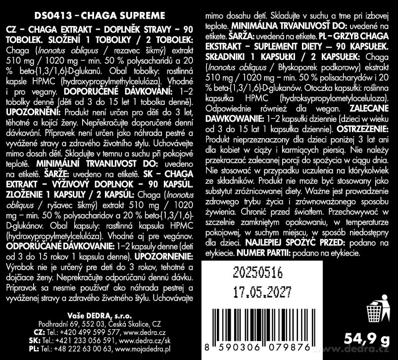 DEDRA CHAGA SUPREME 510 mg, 50 % polysacharidů + 20 % beta-glukanů, 90 kapslí
