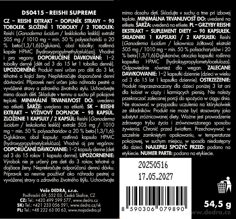 DEDRA REISHI SUPREME 505 mg, 50 % polysacharidů a 20 % beta-glukanů, 90 kapslí