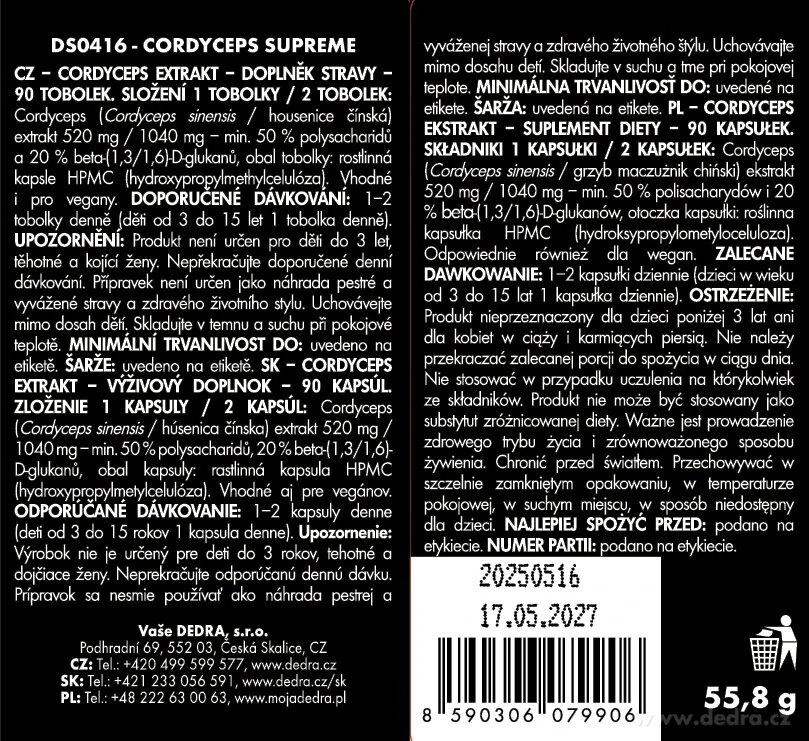 DEDRA CORDYCEPS SUPREME 520 mg, 50 % polysacharidů a 20 % beta-glukanů , 90 kapslí