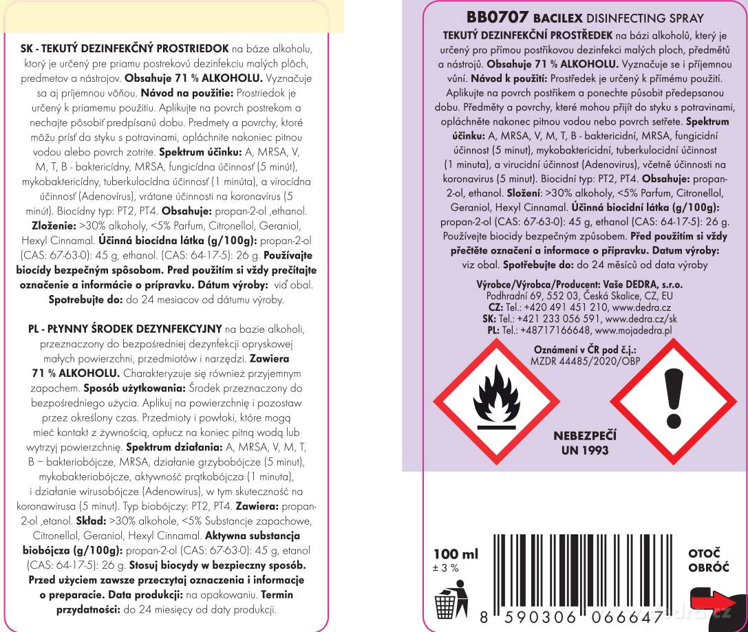 Certifikovaný dezinfekční spray, 71 % alkoholu, na plochy i respirátory, BACILEX® DISINFECTING SPRAY