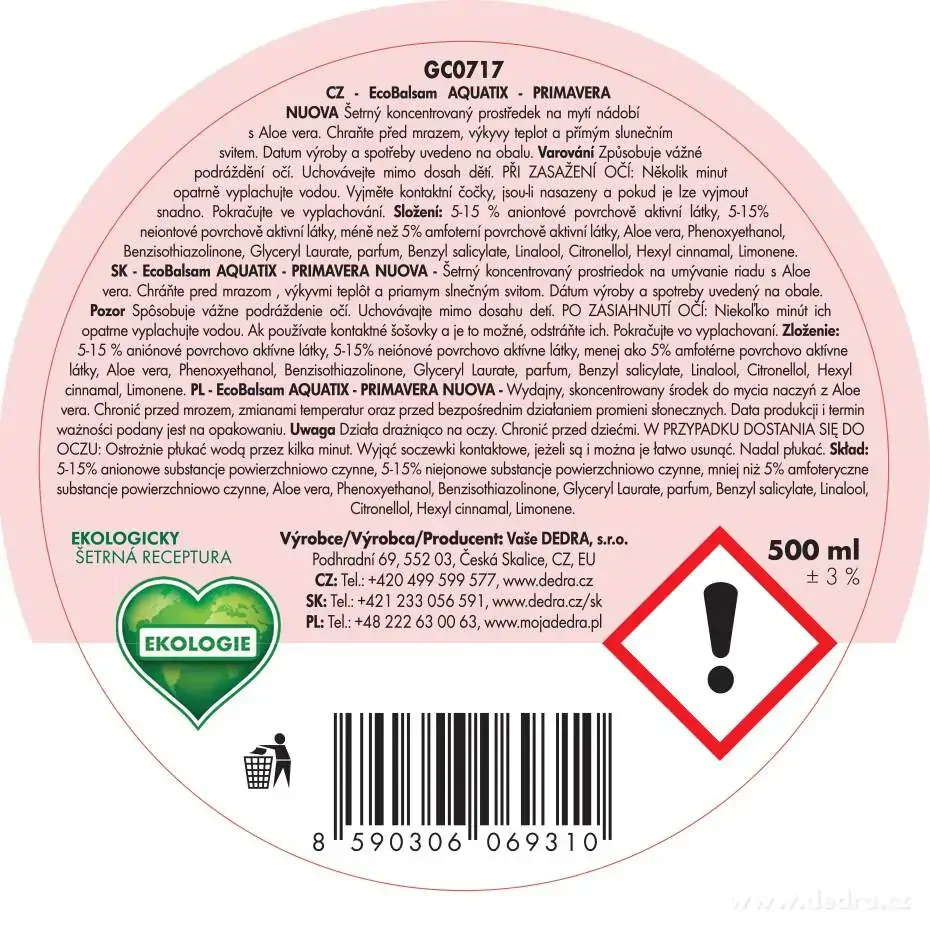 Dedra Rostlinný koncentrát na nádobí PRIMAVERA NUOVA ECOultra,  500 ml