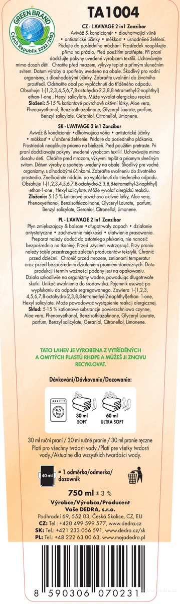Dedra Avivážní kondicionér, ZANZIBAR, L'AVIVAGE®, 750 ml