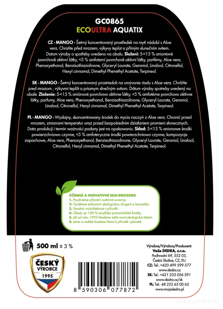Dedra Rostlinný koncentrát na nádobí, MANGO, ECOultra AQUATIX®, 500 ml