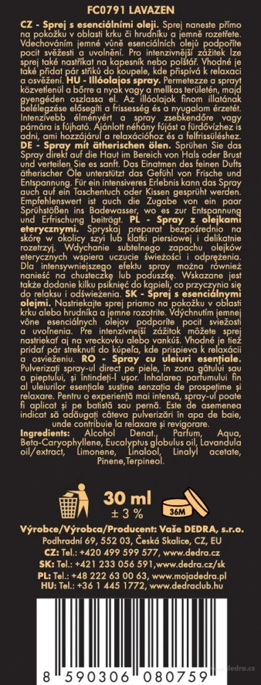 DEDRA LAVAZEN přírodní sprej s eukalyptem, levandule & eukalyptu 30 ml