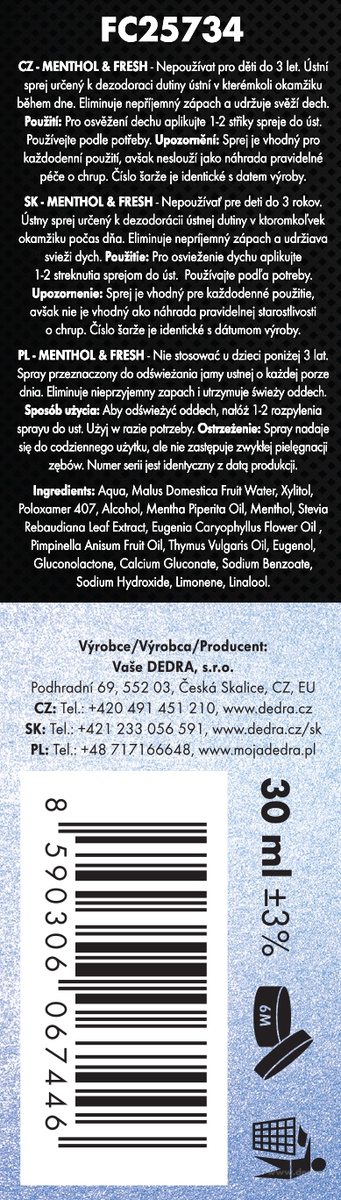 DEDRA DENT® Přírodní ústní sprej MENTHOL & FRESH, 30 ml
