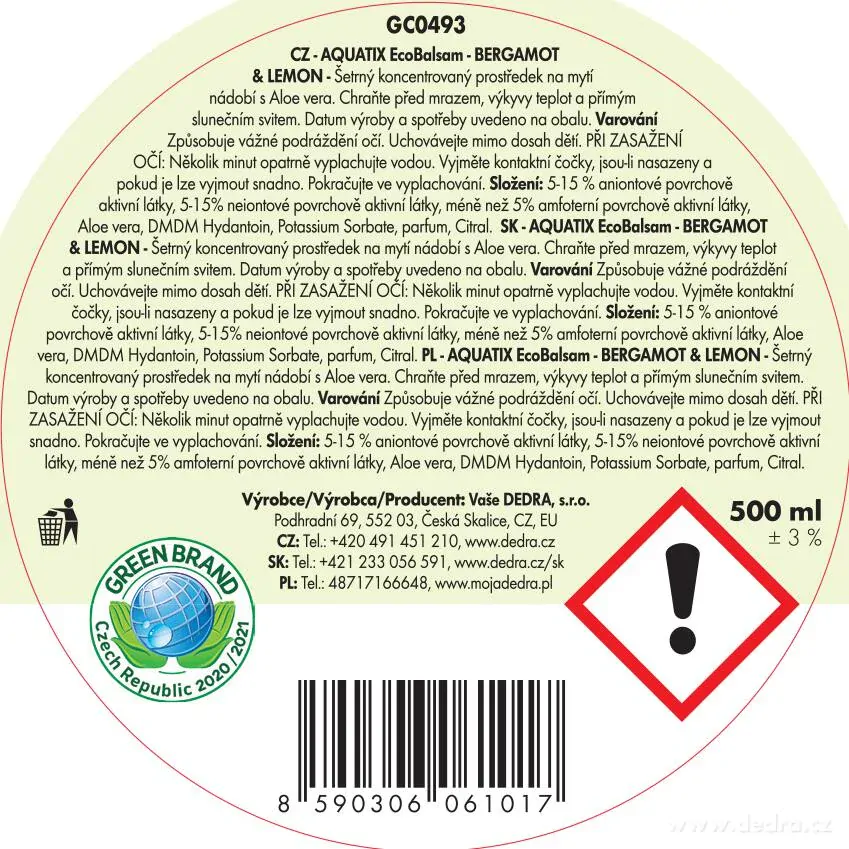 DEDRA Rostlinný koncentrát na nádobí, BERGAMOT & LEMON, ECOultra AQUATIX® , 500 ml