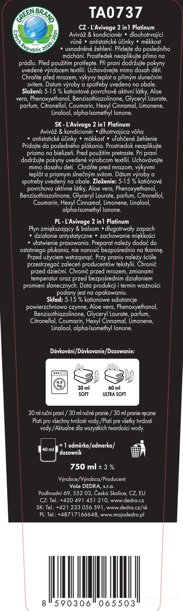 Dedra Avivážní kondicionér, PLATINUM, L'AVIVAGE® 750 ml
