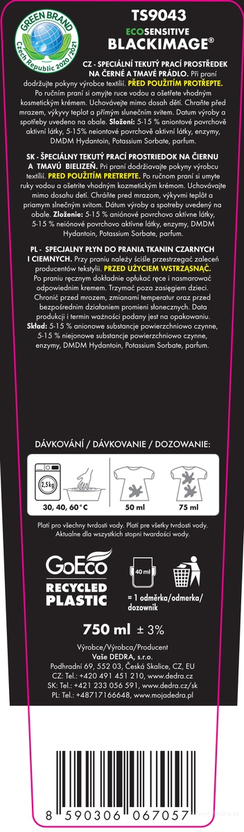 DEDRA EKO prací gel na černé a tmavé prádlo, 15 praní