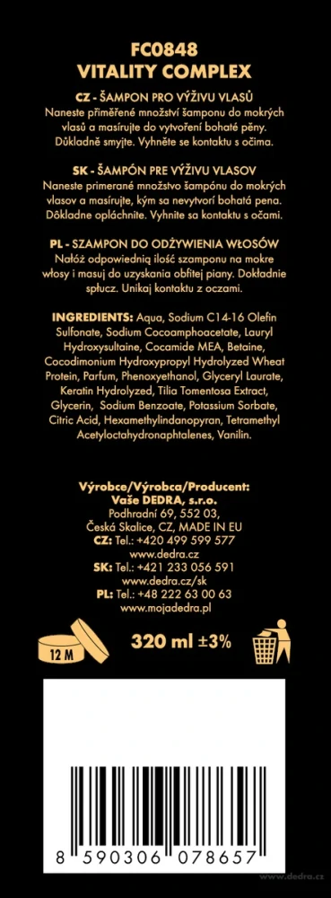 DEDRA Šampón pro každodenní použití a dokonalou výživu vlasů, VITALITY COMPLEX, 320 ml