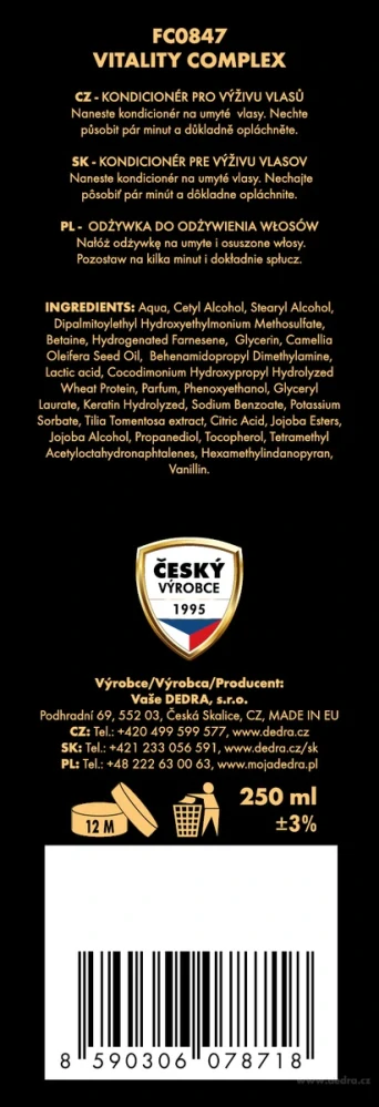 DEDRA Kondicionér pro každodenní použití a dokonalou výživu vlasů, VITALITY COMPLEX, 320 ml